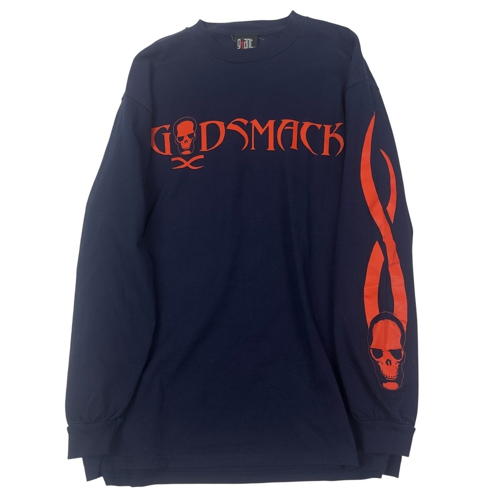 Godsmack Long Sleeve T Shirt Giant Tag Mens XL Navy Orange Skull Flame Graphic